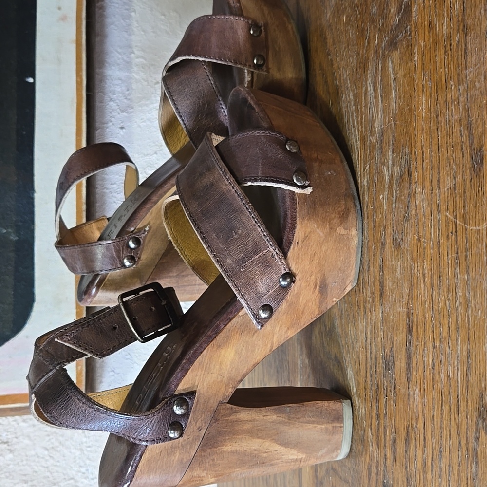 Bed|Stu “Madelin” Leather Wood Platform Sandals Heeled Wedge Distressed Womens 7